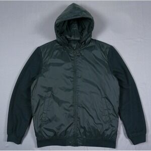 Massimo Dutti Mens XL Hybrid Hooded Puffer Bomber Jacket Green Wool Blend